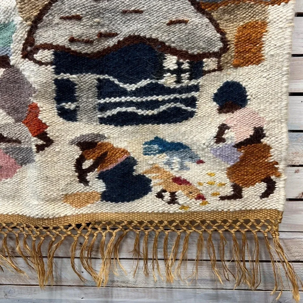 Vintage Afro Weavers Wool Hand Woven Tapestry Village Scene Wall Hanging 95x90